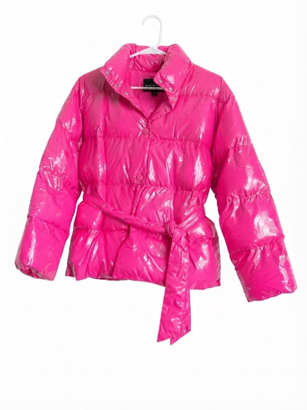 Y2K Who What Wear Hot Pink High Shine Vinyl Puffer Jacket Belted Size M NWOT - Picture 1 of 7
